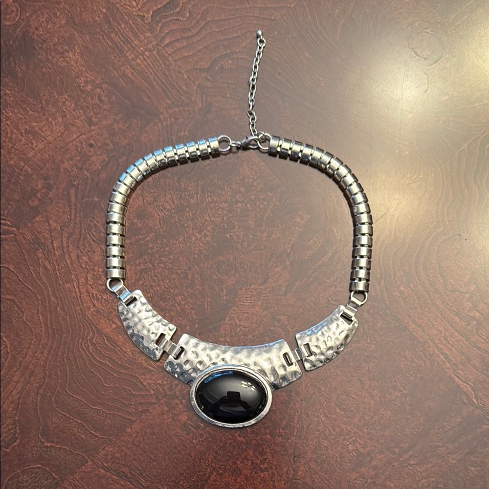Hammered Silver Necklace with Black Oval